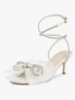 White Tulle Bow Ankle-Strap Heel with Crystal Accent